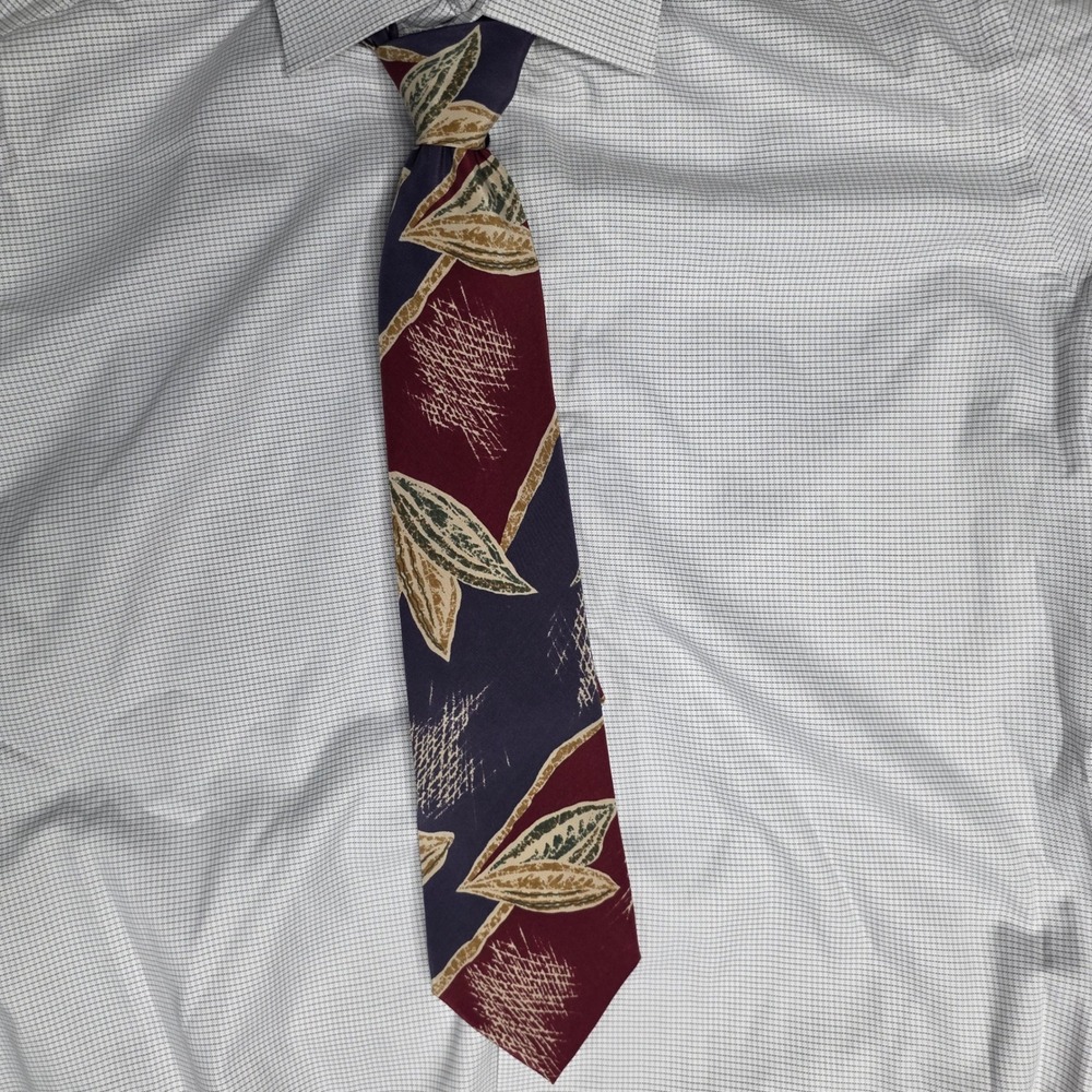 Ted Lapidus Silk Tie Mens Burgundy Navy Blue Abstract Leaf Pattern Made in Italy